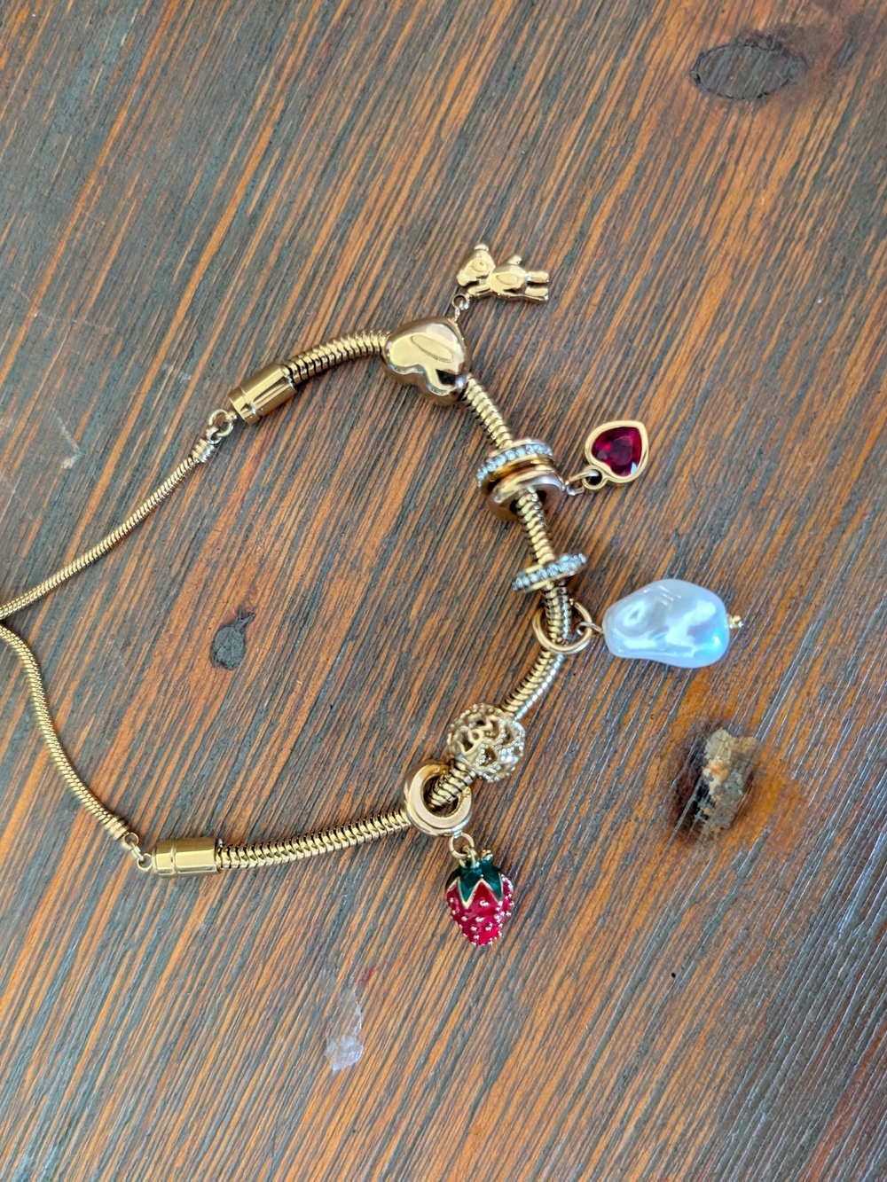 Gold Tone Charm Bracelet with Red Strawberry & Heart Charms (New)